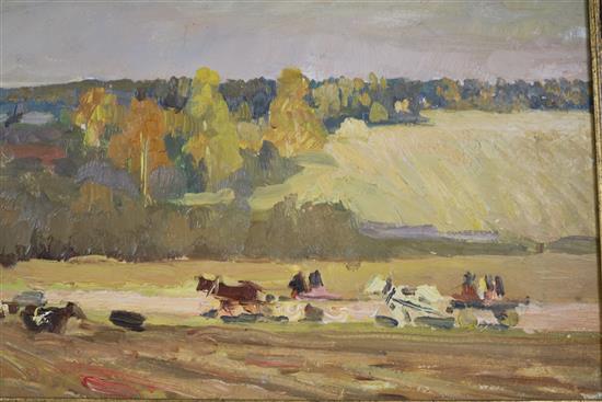 Russian School, oil on board, Farm scene, 26 x 68cm